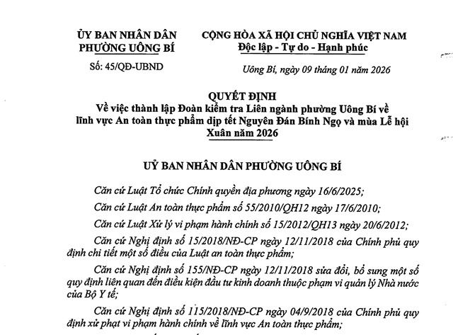 32Win1 com nhà cái về việc thành lập Đoàn kiểm tra Liên ngành phường 32Win12 com tại tài khoản về lĩnh vực An toàn thực phẩm dịp Tết Nguyên đán Bính Ngọ và mùa Lễ hội Xuân năm 2026
