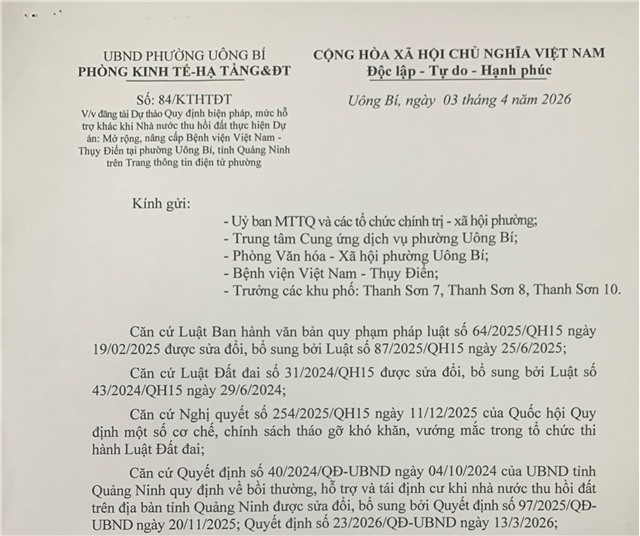 Đăng tải Dự thảo Quy định biện pháp, mức hỗ trợ khác khi Nhà nước thu hồi đất thực hiện Dự án: Mở rộng, nâng cấp Bệnh viện Việt Nam - Thụy Điển tại phường 32Win12 com tại tài khoản, tỉnh Quảng Ninh trên Trang thông tin điện tử phường