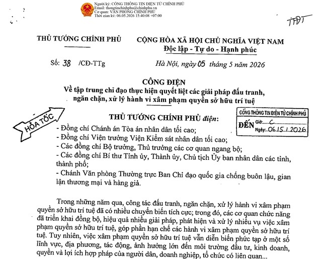 Công điện số 38/CĐ-TTg của Thủ tướng Chính phủ: Về tập trung chỉ đạo thực hiện quyết liệt các giải pháp đấu tranh, ngăn chặn, xử lý hành vi xâm phạm quyền sở hữu trí tuệ